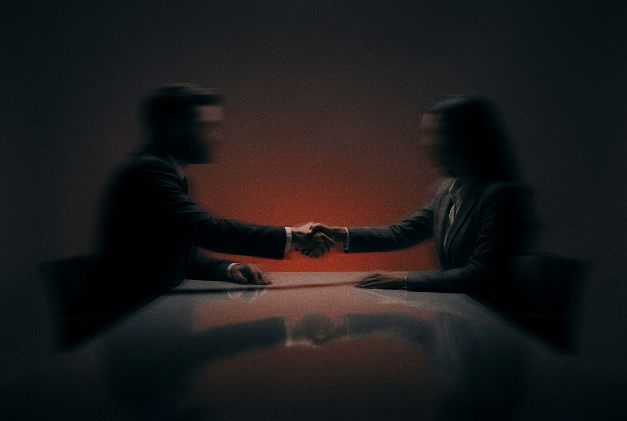 Two blurred figures shaking hands across a table, lit by a red glow